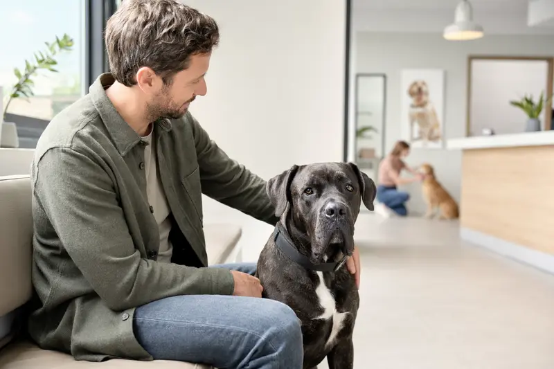 Ein Cane Corso sitzt ruhig neben seinem Besitzer im hellen Wartezimmer einer modernen Tierarztpraxis.